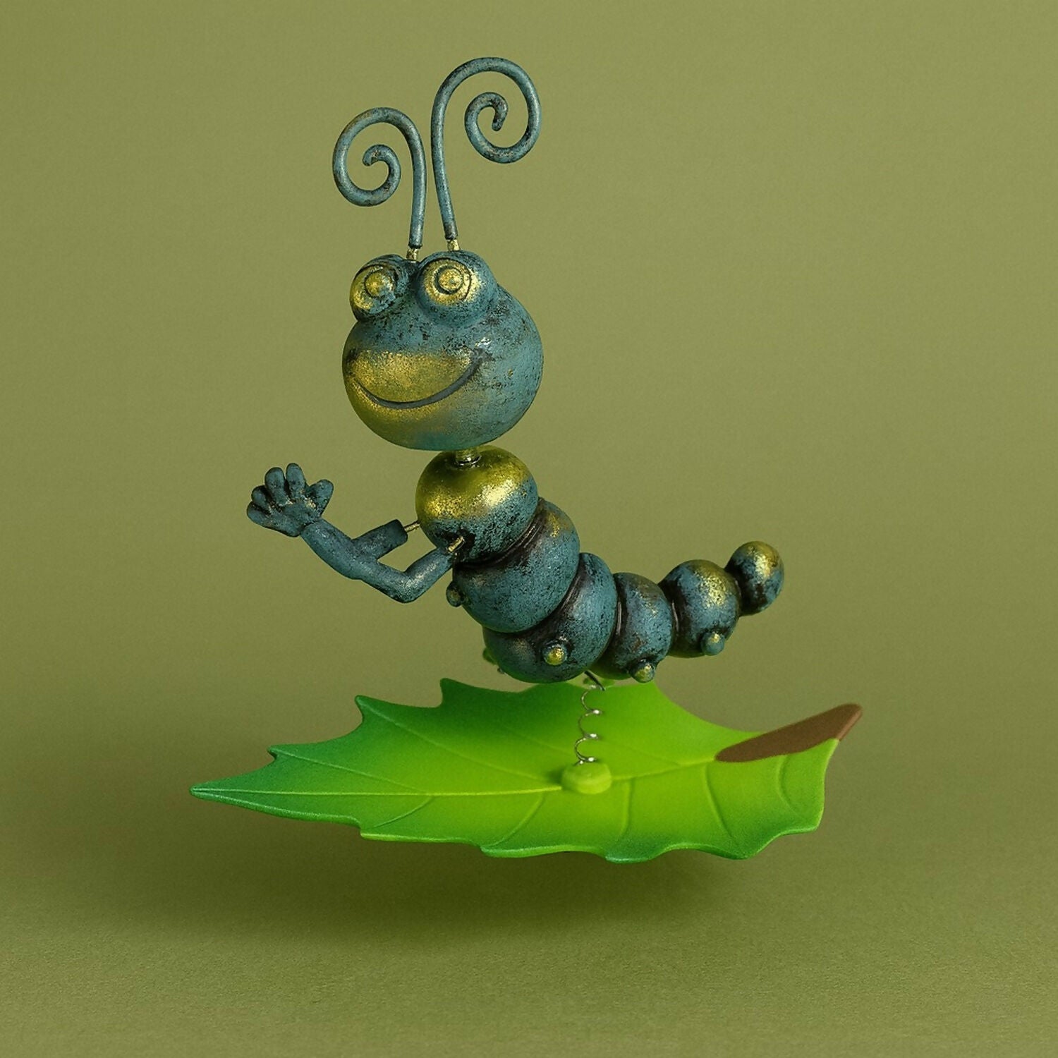 Blue Metal Caterpillar Garden Stake for Outdoor Décor – Cute Insect Yard Ornament with Leaf Base (1 PC)