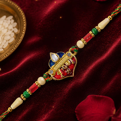 Elegant Rakhi featuring Ram Heart Plaque and ornate work in display look for Gift Use