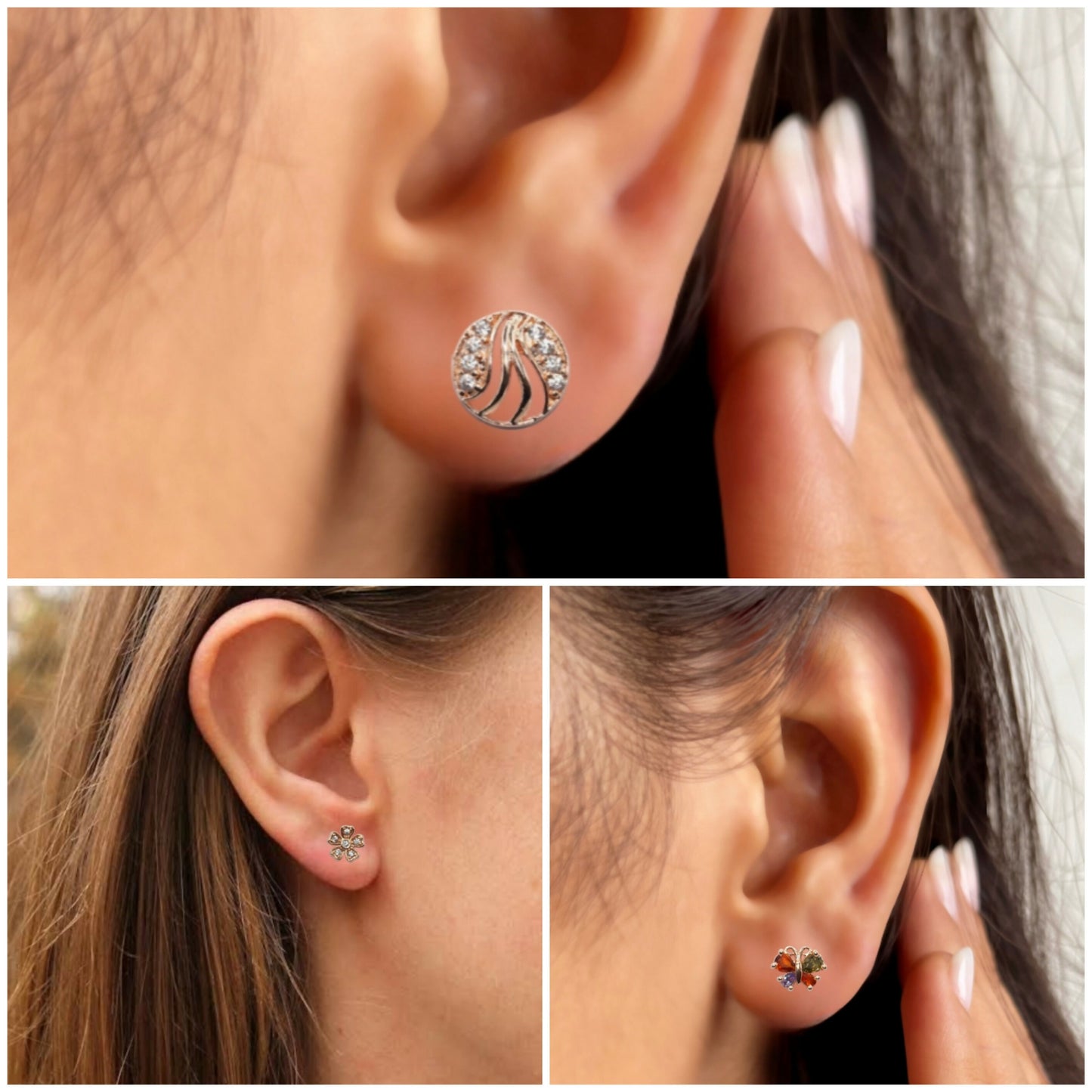 3-Pair Rose Gold Stud Earring Set - Flower, Swirl, Butterfly for women and girls Combo Pack of 3