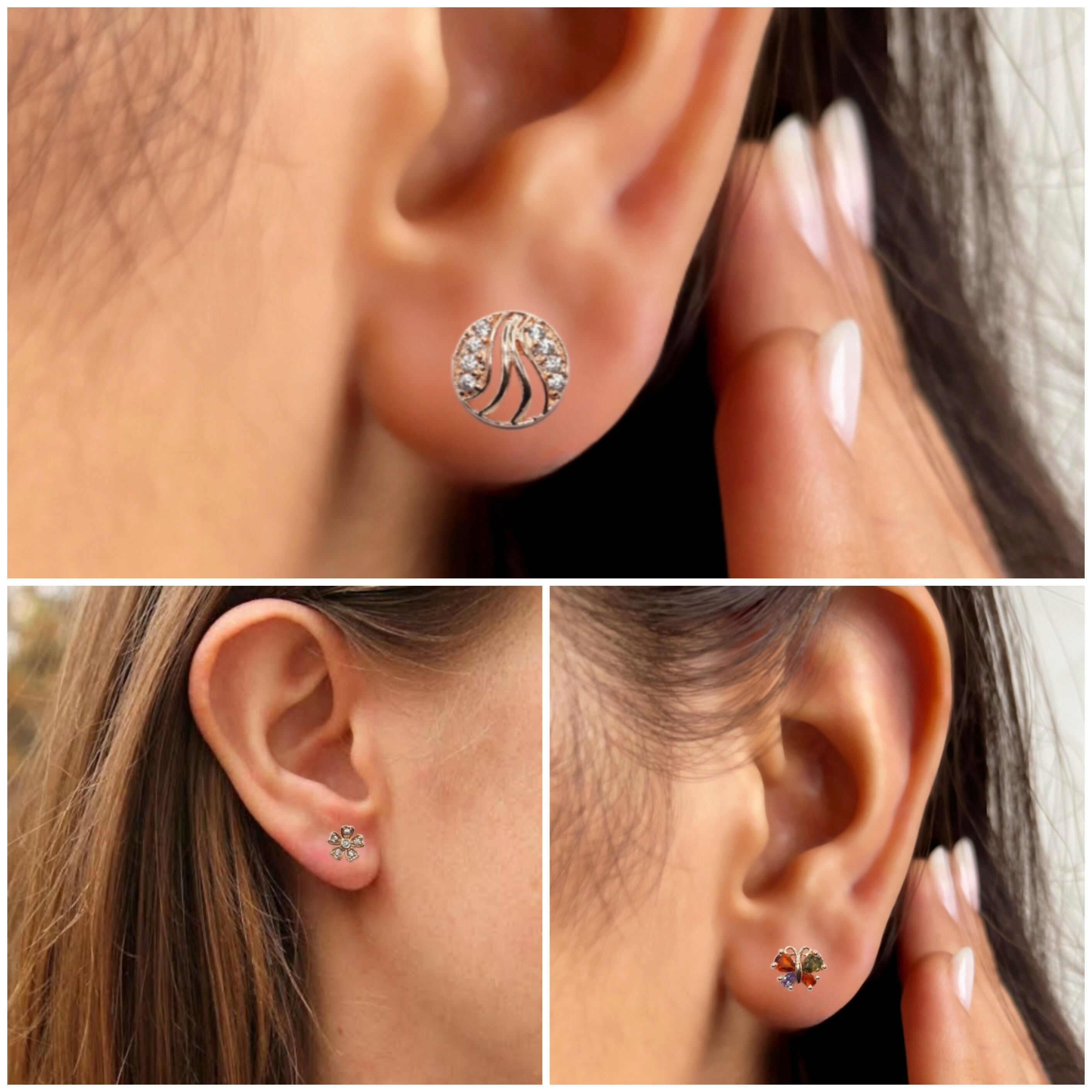 3-Pair Rose Gold Stud Earring Set - Flower, Swirl, Butterfly for women and girls Combo Pack of 3