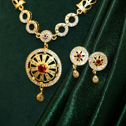 Gold Plated Round Pendant Forming Necklace Set with Ruby Stone & AD Detailing