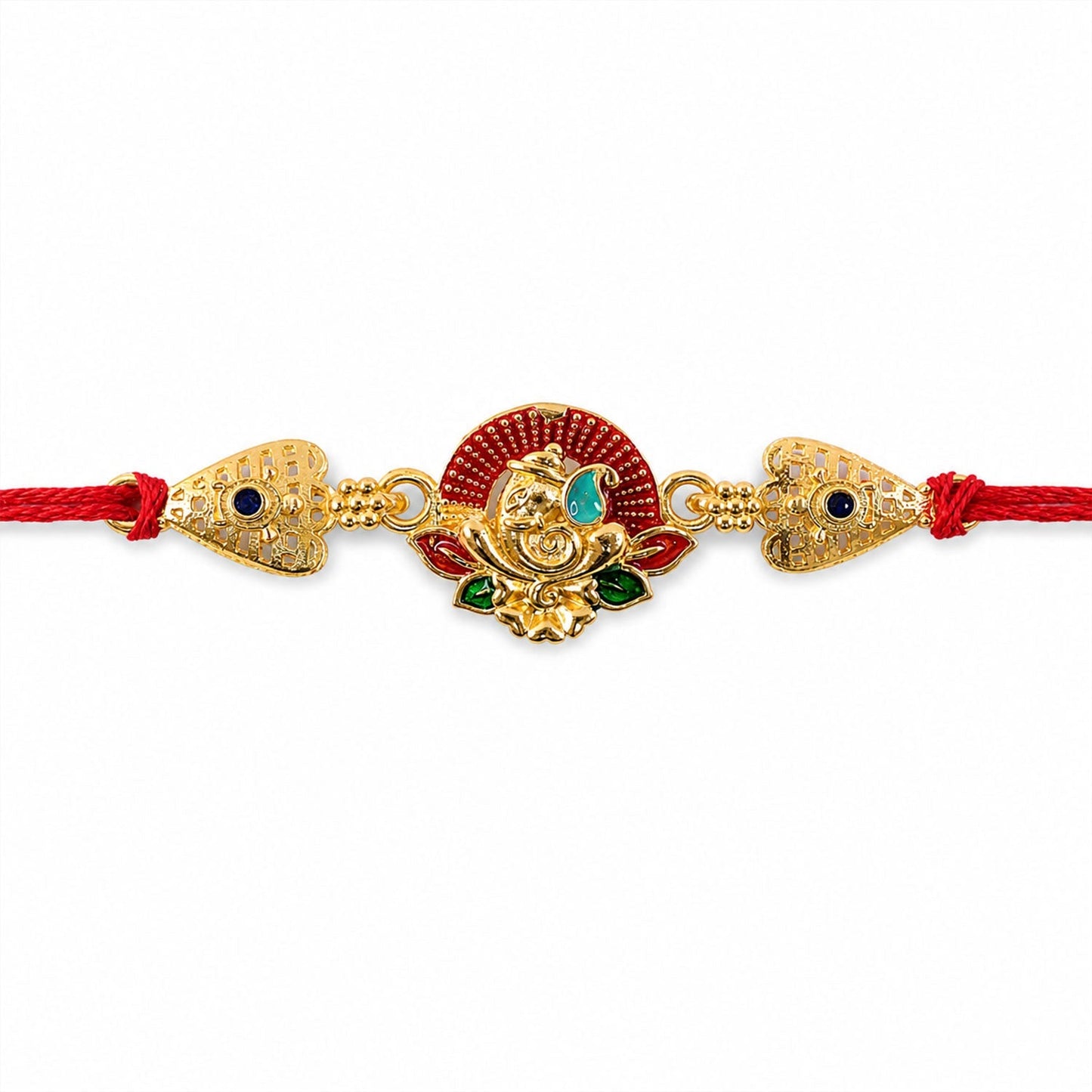 Gold-Toned Lord Ganesha Rakhi with Lotus Enamel for Raksha Bandhan (5pcs)