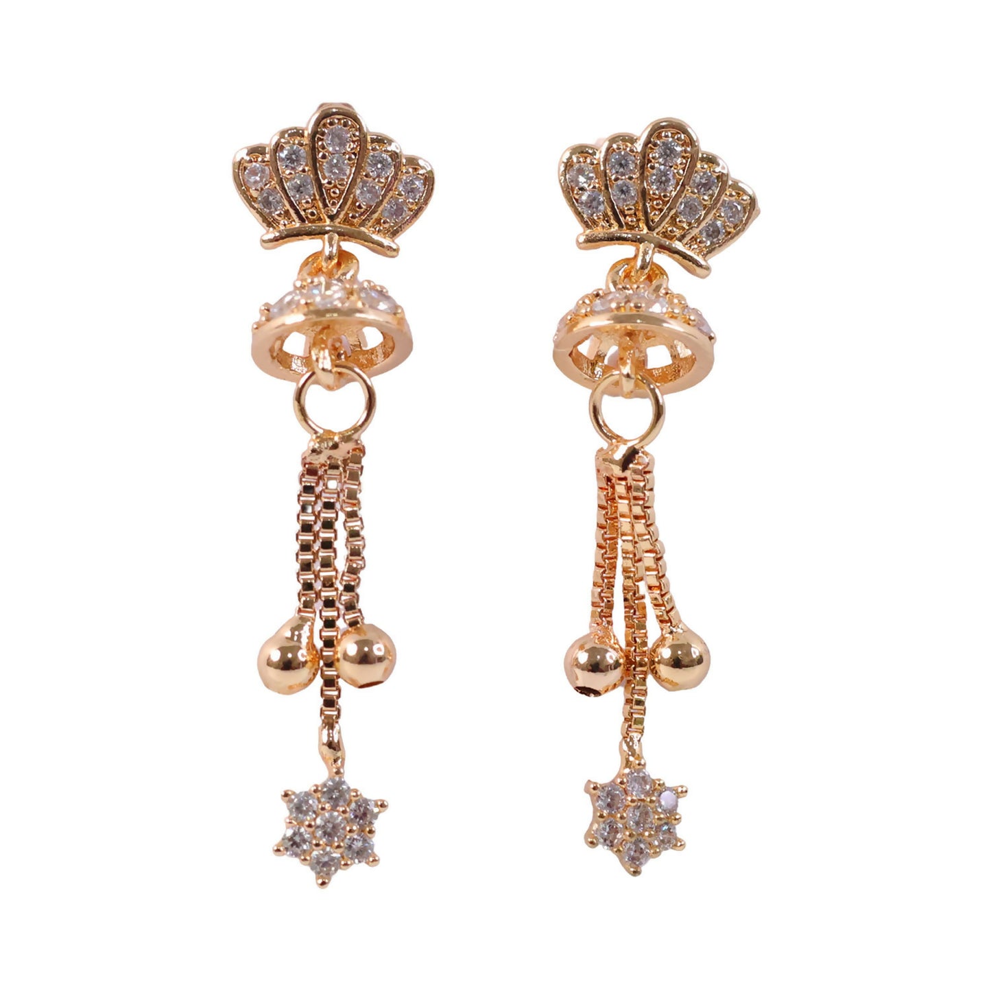Fashion shot of crown design gold finish drop earrings complementing festive attire