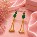 Green Stone Earrings – Elegant Long Tassel with Ghungroo Beads
