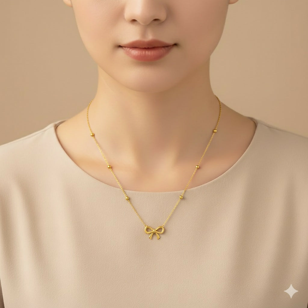 Elegant Gold Bow Pendant Necklace for Women – Minimalist Daily Wear Jewelry