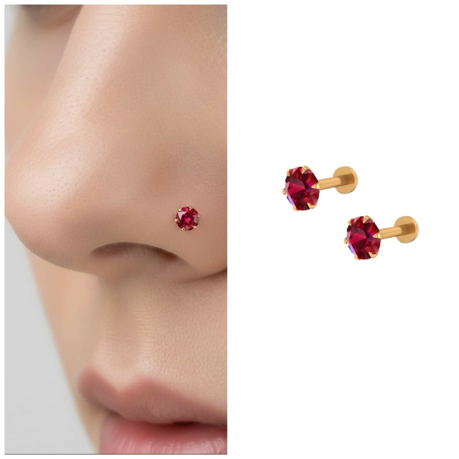 Pack of 2 gold plated red gemstone nosepin studs with dainty design