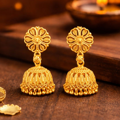 Pair of elegant gold plated jhumka earrings suitable for ethnic wear