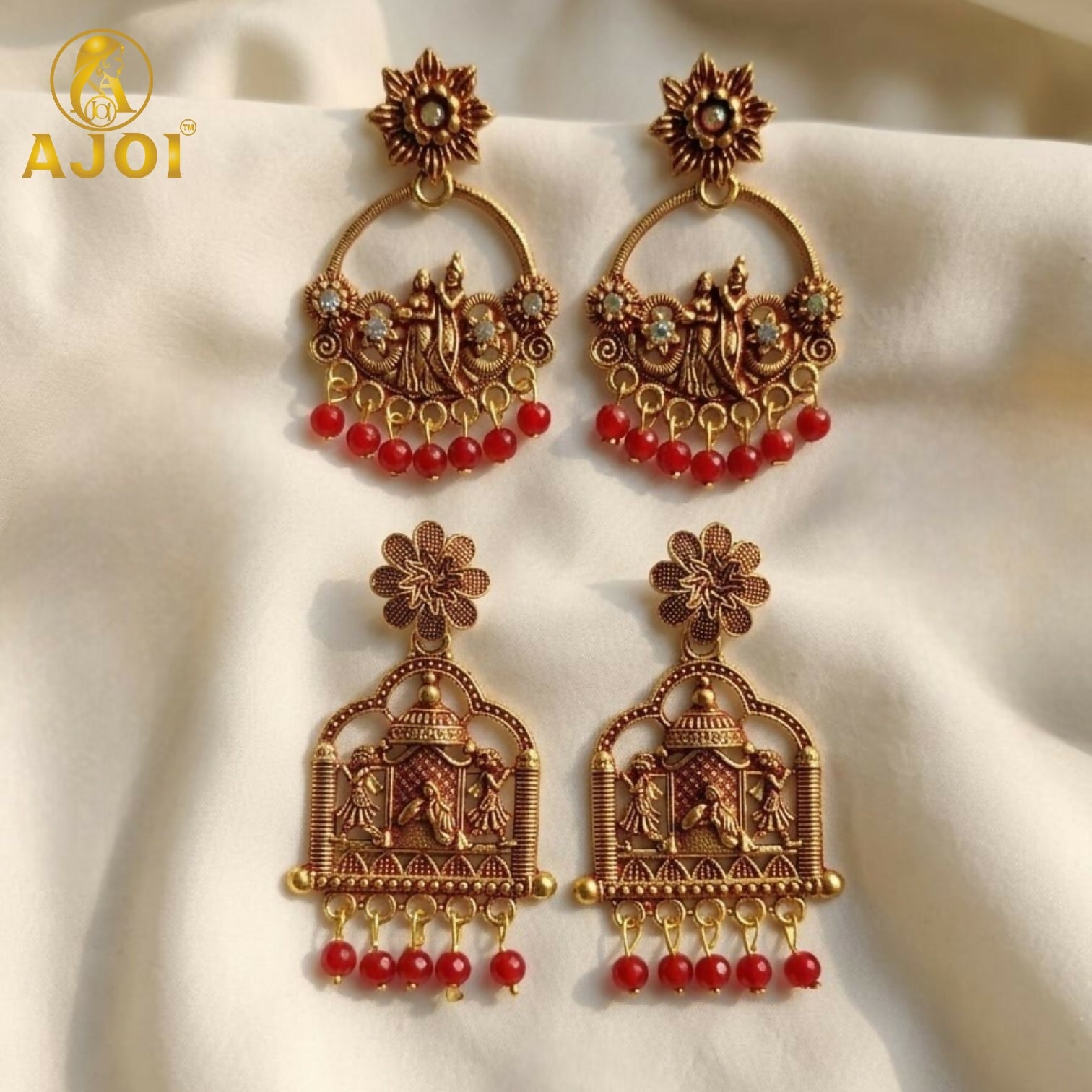 Traditional Radha Krishna Temple Earrings with Red Beads – 2 Pairs