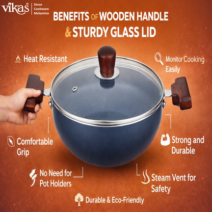 Blue variant of Vikas Ceramic Deep Kadai with glass lid