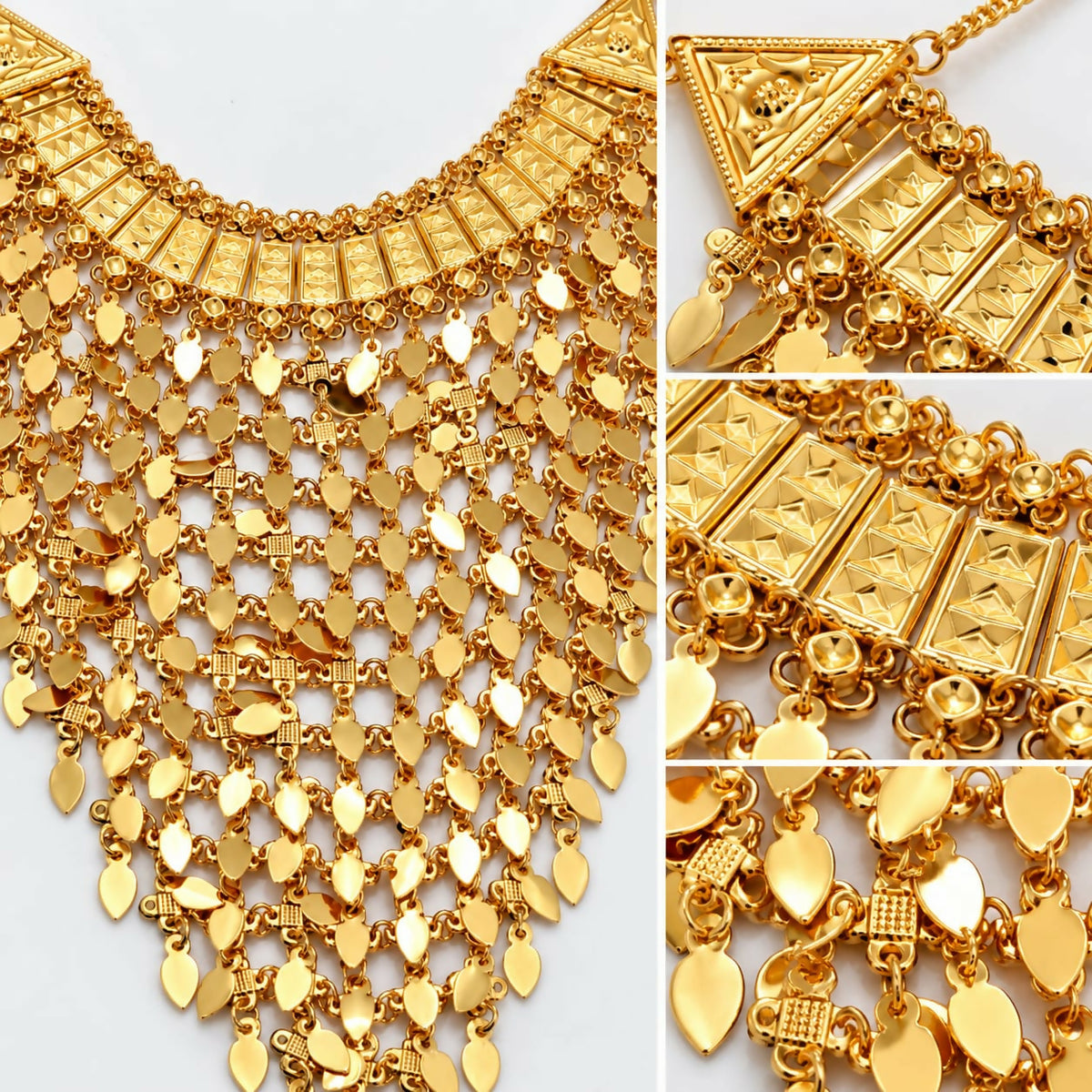 Close-up of the gold necklace showing the detailed upper band with geometric patterns and numerous small, dangling leaf