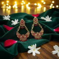 Antique Gold-Plated Red Stone Floral Chandbali Earrings for Women