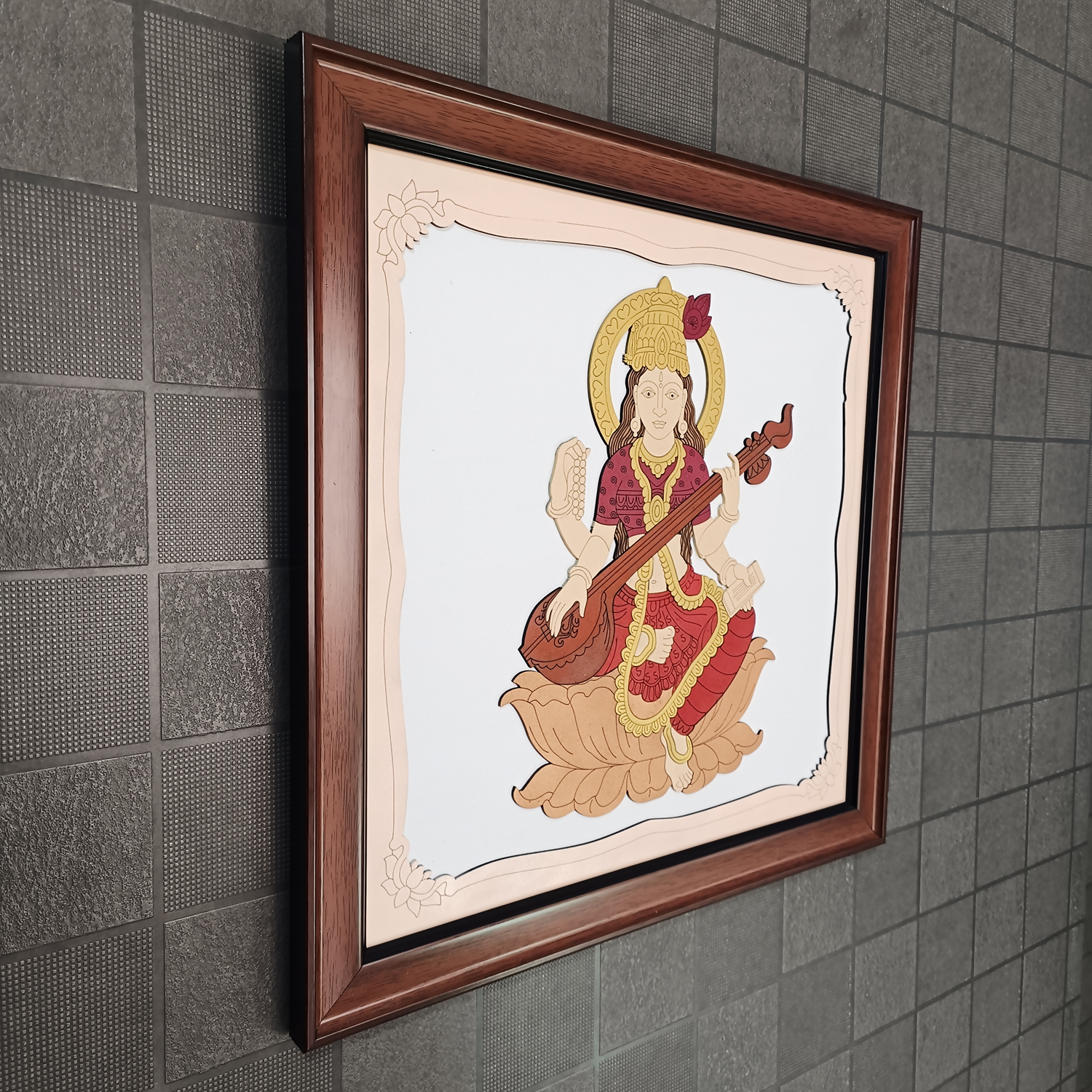 Goddess Saraswati Wooden Framed Wall Art | Handcrafted Hindu Religious Painting for Home, Office & Pooja Room | Premium Spiritual Decor