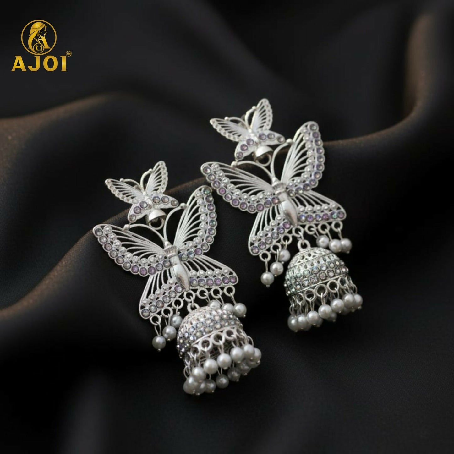 Silver Plated Butterfly Designer Jhumka Earrings with Pearl Drops for Women & Girls