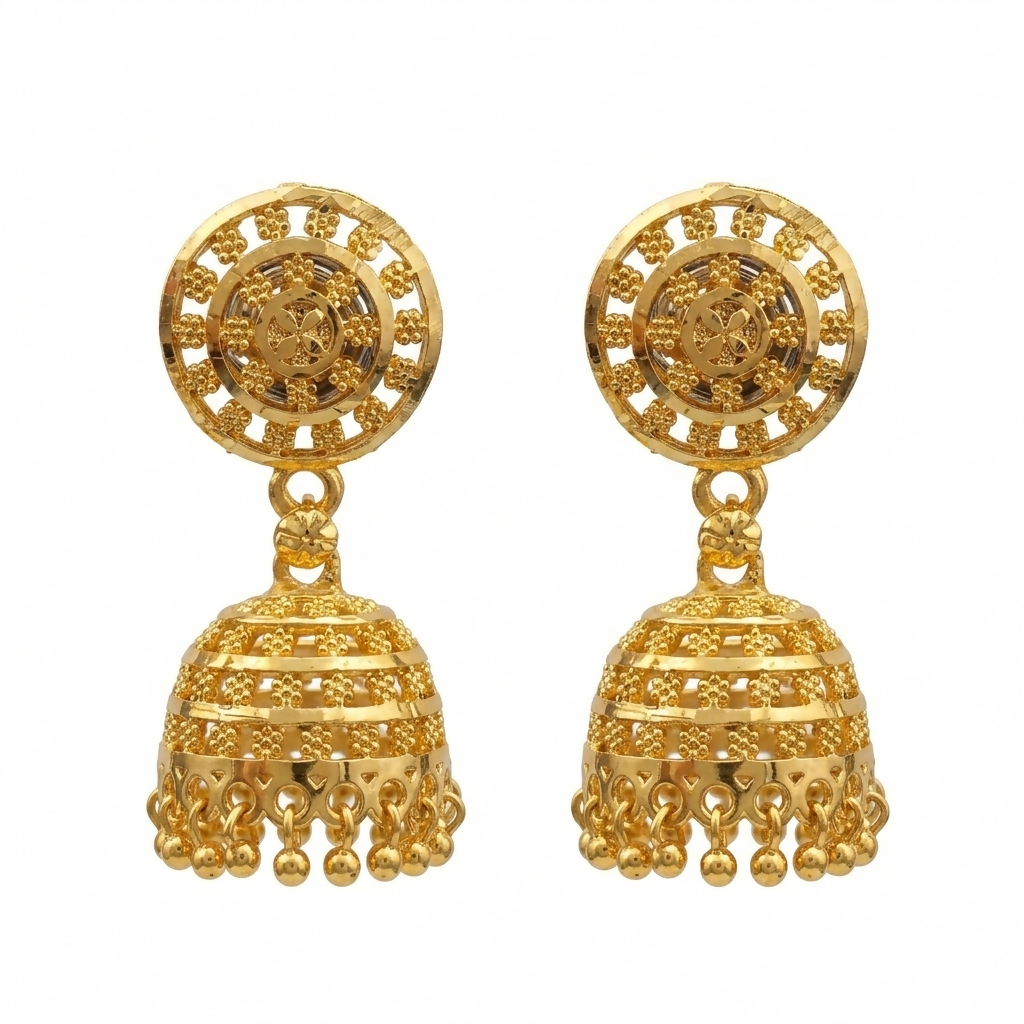 Side view of a single gold tone jhumka earring