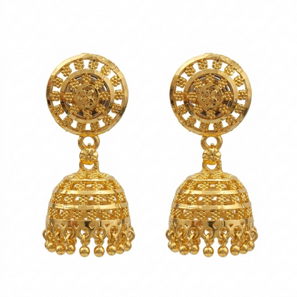 Side view of a single gold tone jhumka earring