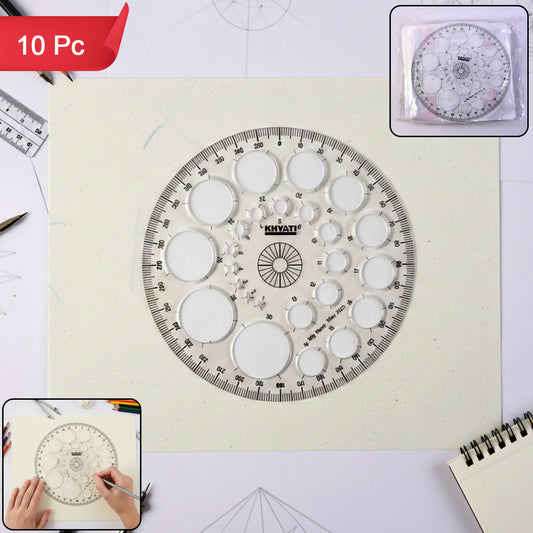 Multipurpose Big Circle Drawing Template Protractor Stencil for Geometry & Design Use (10Pcs)