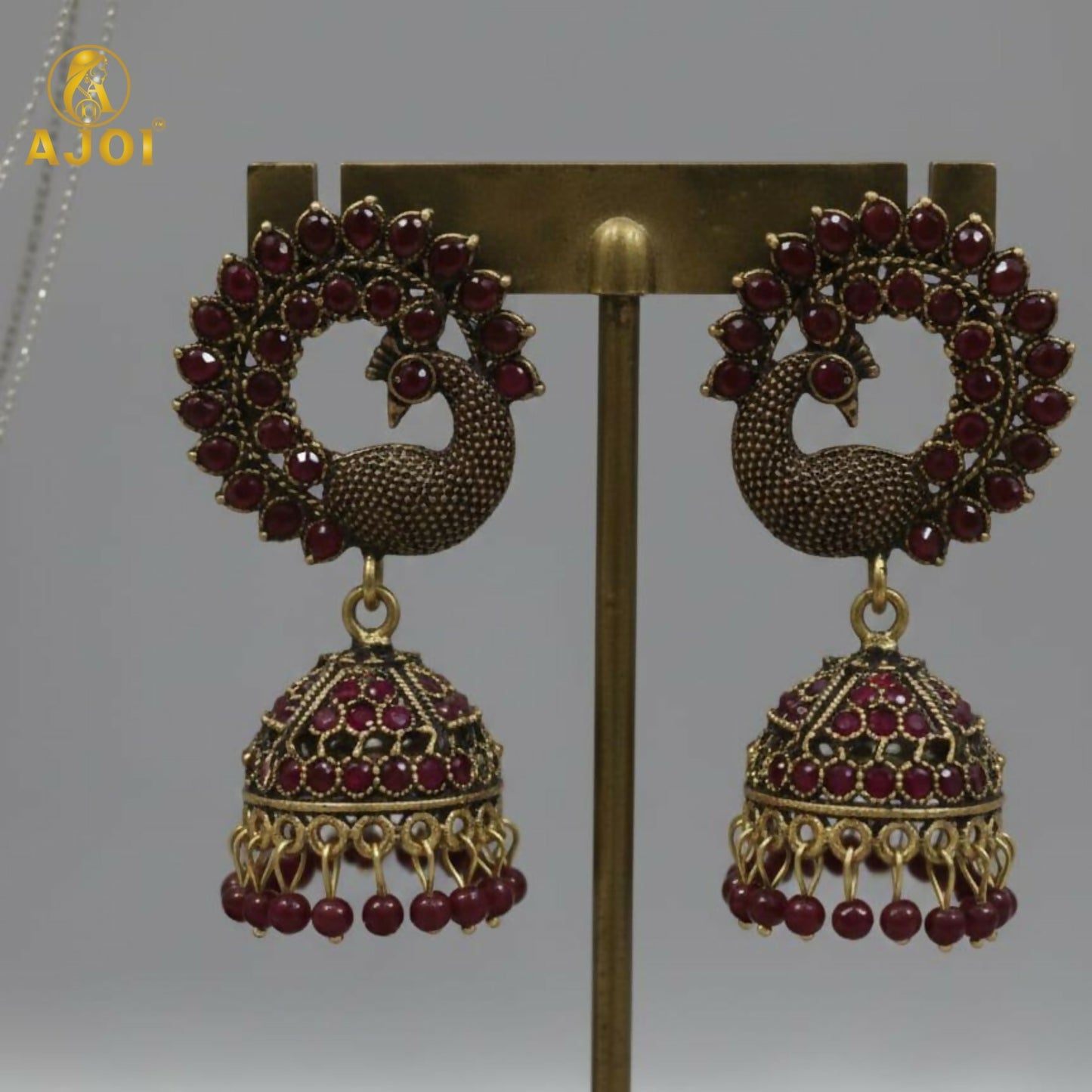 Royal Maroon Peacock Jhumka Earrings – Antique Gold Finish
