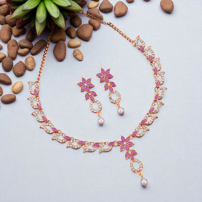 uxurious Rose Gold Plated Magenta Stone Necklace Set with Pearl Drop