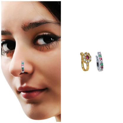 No-Piercing Nose Cuff Set | Floral & Gem Band Faux Ring Combo Pack of 2