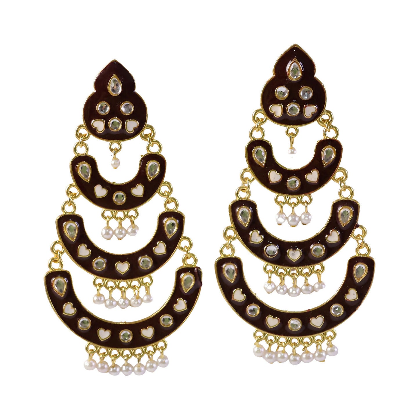 Side view of layered chandbali earrings in maroon color