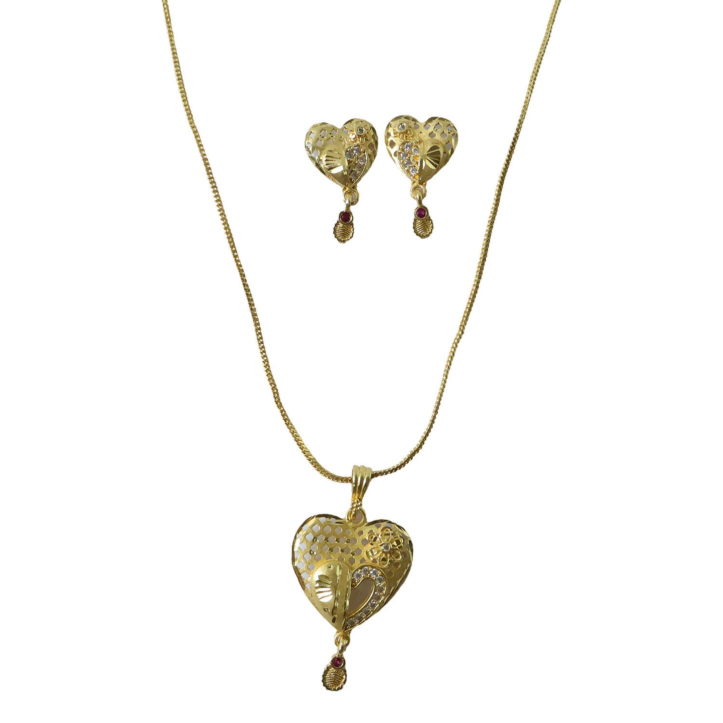 Heart Motif Gold Pendant and Earring Set Elegant Traditional Jewelry Set for Women