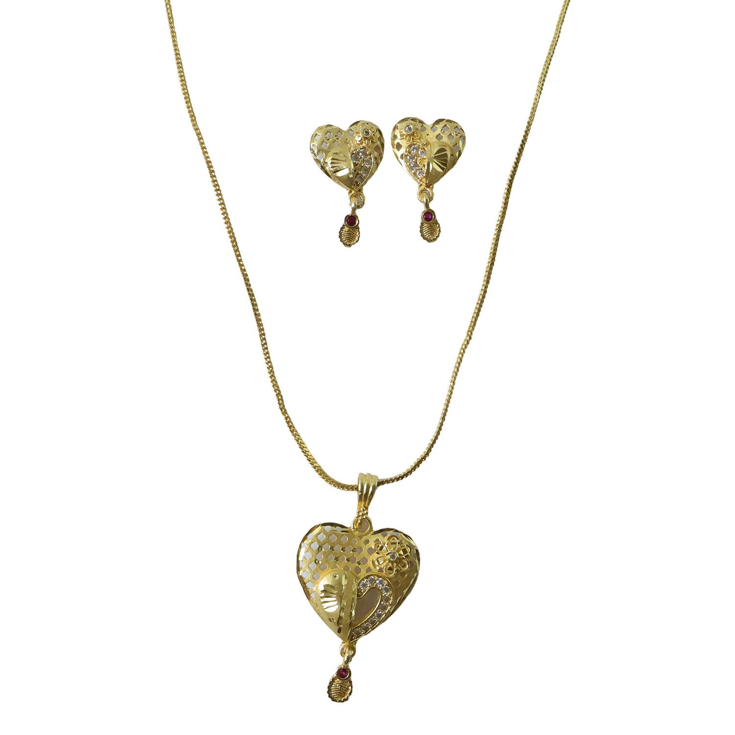 Heart Motif Gold Pendant and Earring Set Elegant Traditional Jewelry Set for Women