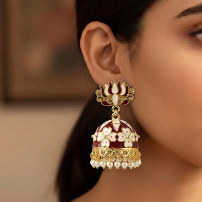 Pearl bead hangings on lotus jhumka earrings