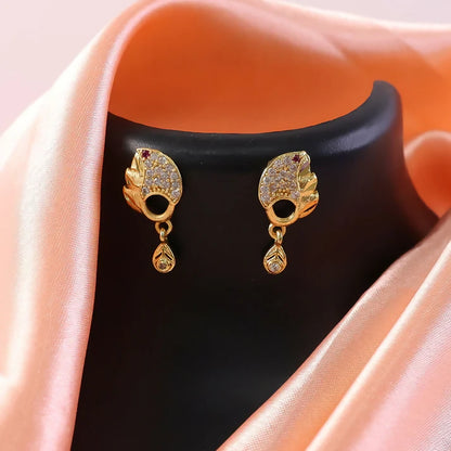 Elegant Gold Finish Leaf Pattern Stud Earrings With Sparkling Stone Drop Design