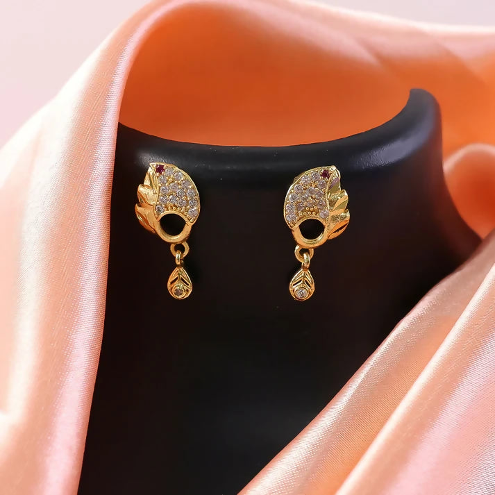 Elegant Gold Finish Leaf Pattern Stud Earrings With Sparkling Stone Drop Design