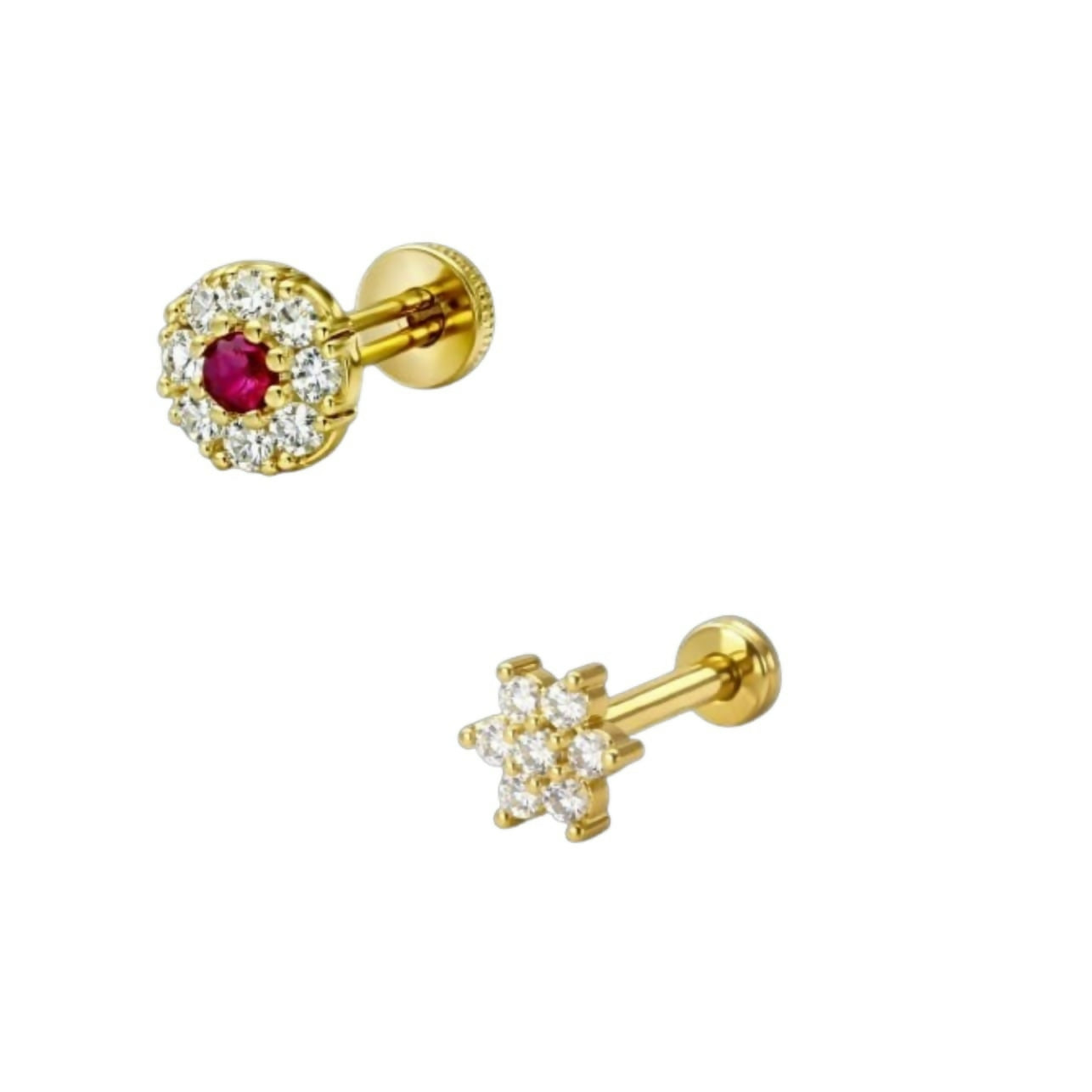 Close-up of hand-set crystal floral nosepin stud with gold plating