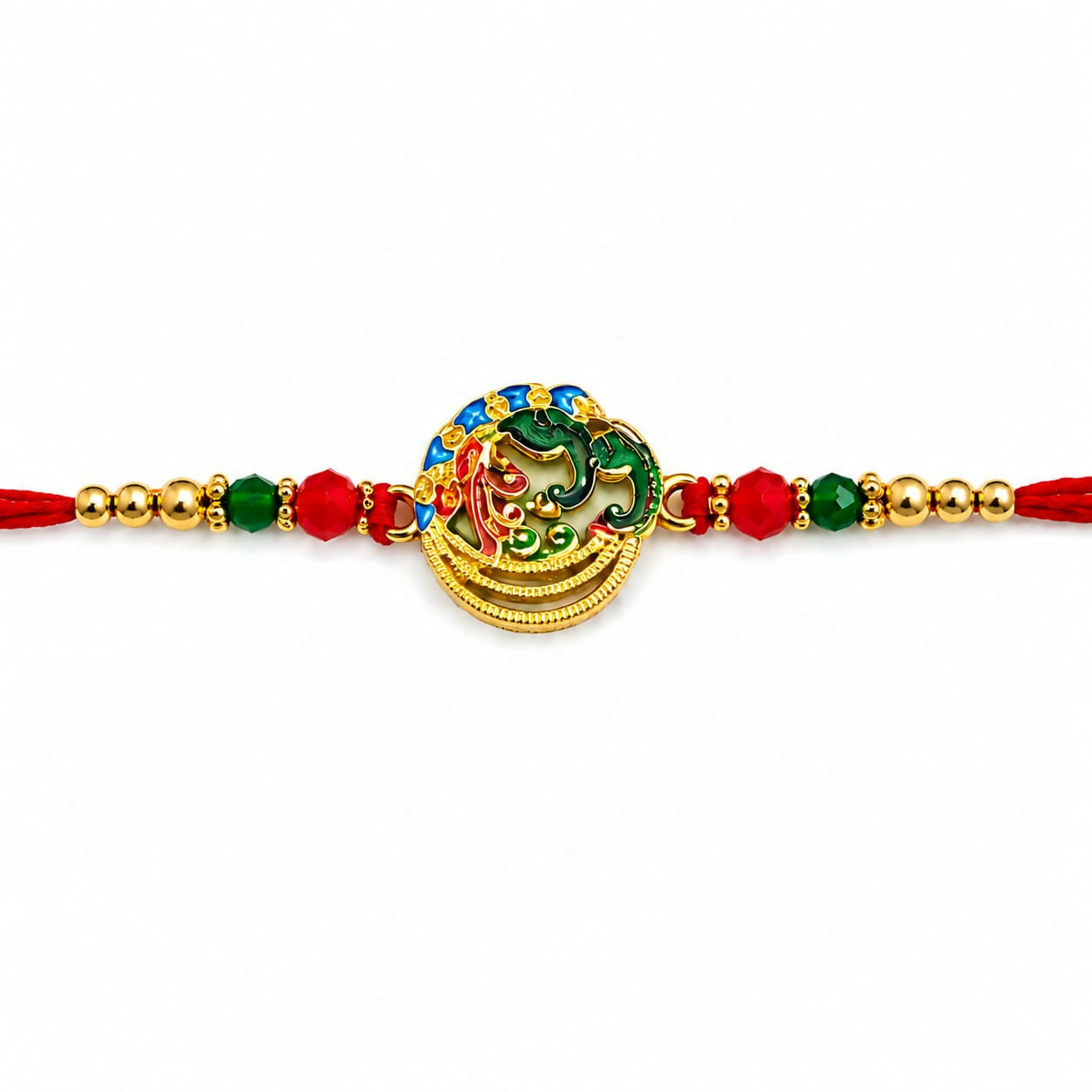 A vibrant Meenakari peacock and Ganesha circular dial, with red, green, and blue enamel, is centered on a red thread with