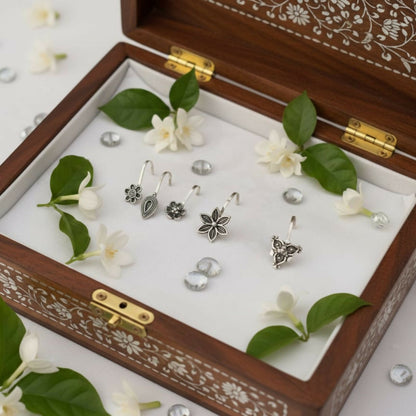 Oxidized Silver Traditional Floral Nose Pins Combo for Women & Girls (Pack of 5)