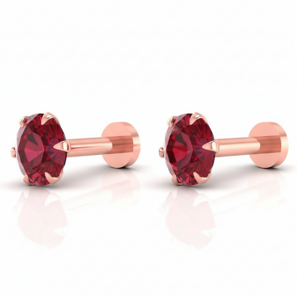 Side profile of rose gold plated ruby nosepin stud displaying four-prong setting