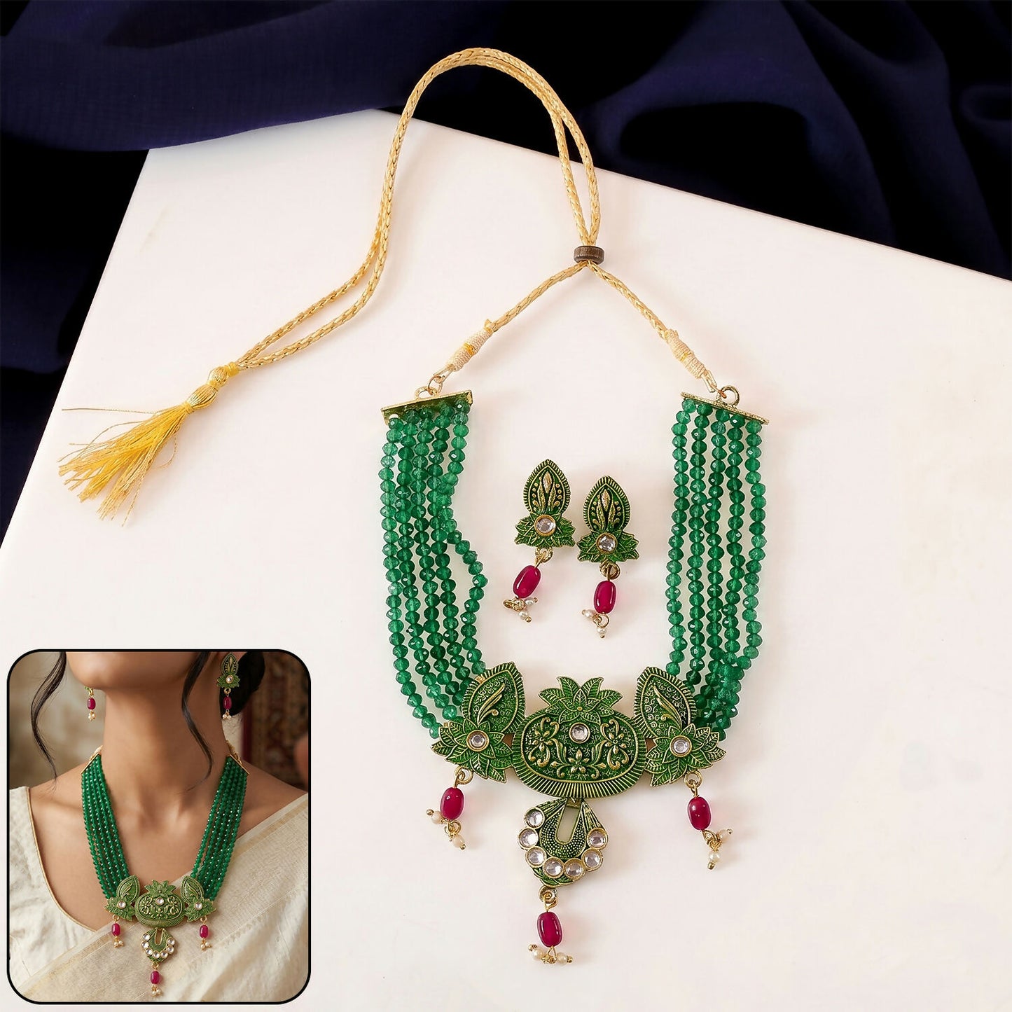 Adjustable green beaded ethnic necklace with earrings