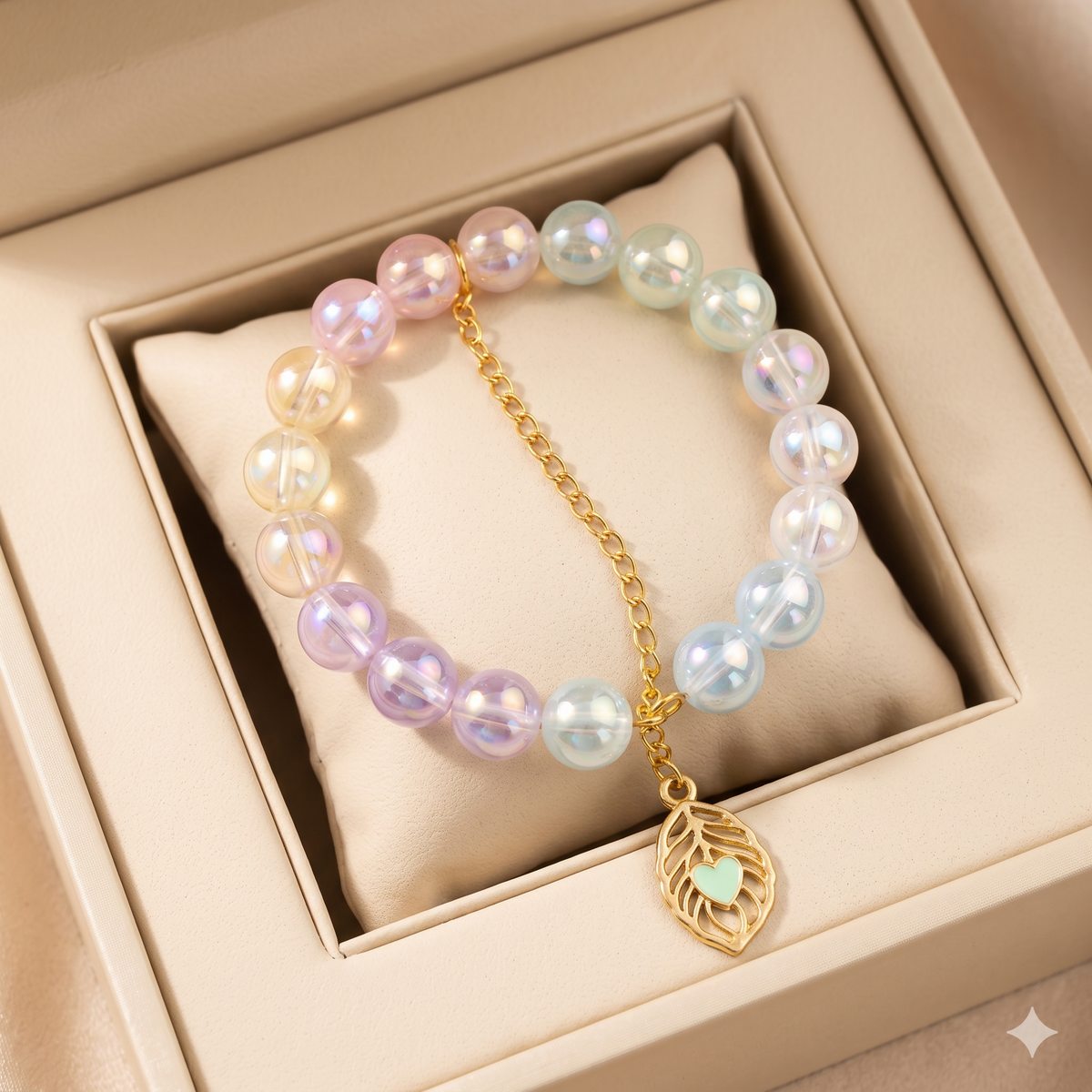 A single pastel beaded bracelet with a gold leaf charm, presented inside a light beige gift box with a cushion.