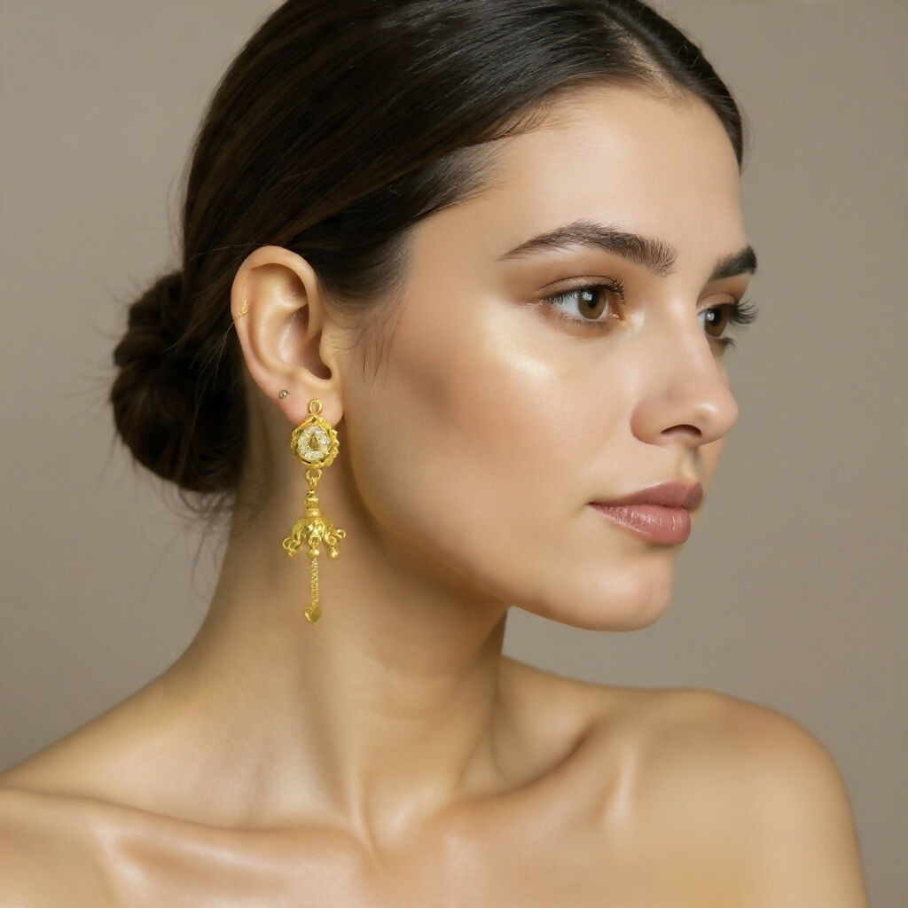 Elegant Paisley Stud Jhumka Earrings with Chain Drops