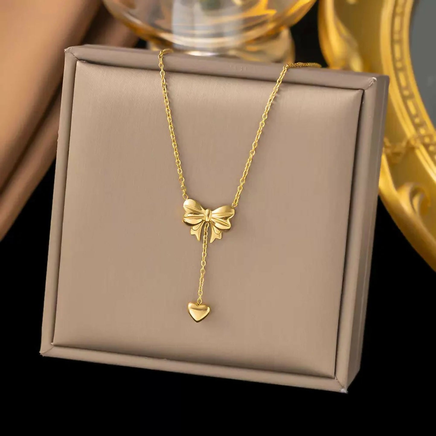 Heart Pendant Necklace for Women Delicate Chain with Bow & Heart Charm