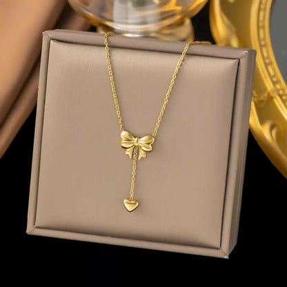 Heart Pendant Necklace for Women Delicate Chain with Bow & Heart Charm
