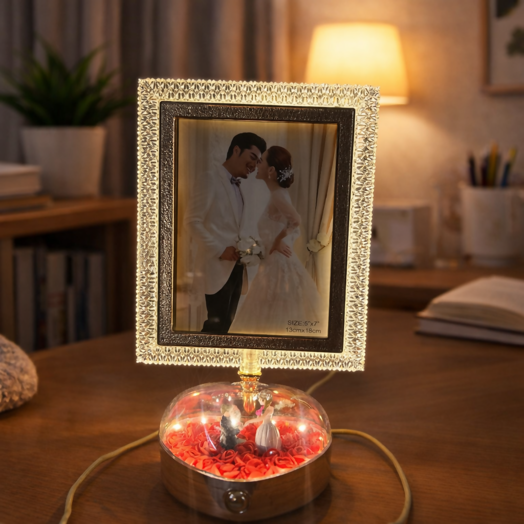 LED Crystal Photo Frame Lamp with Couple Figurine Base Decor