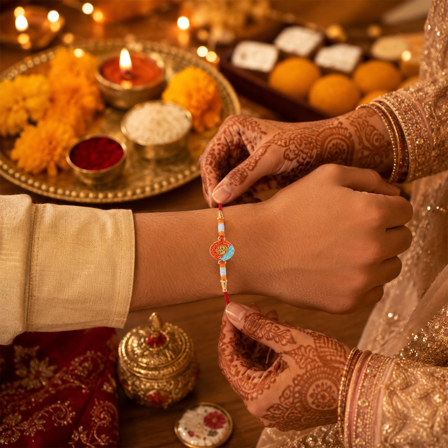 OM Symbol Rakhi tied with soft thread