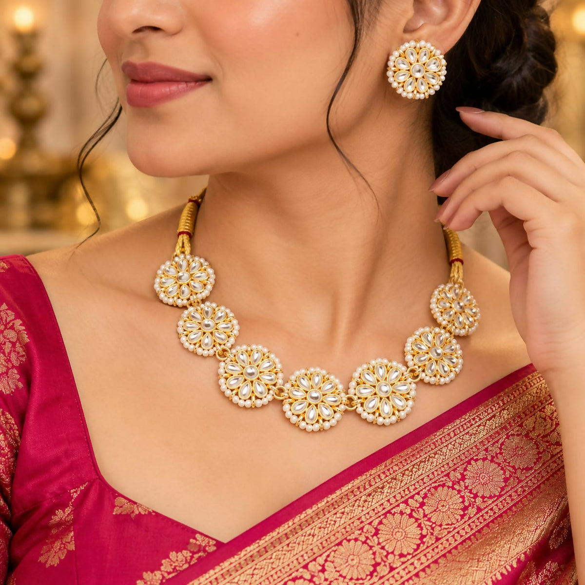 Woman wearing a pink sari and the golden kundan necklace set, looking to her left.