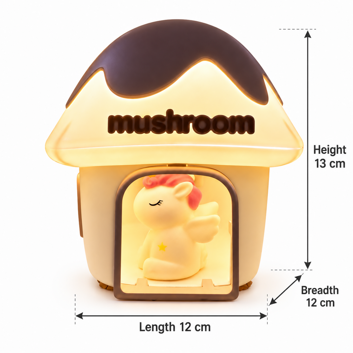 Mushroom house lamp with a unicorn inside, displaying dimensions: 13 cm height, 12 cm length, 12 cm breadth.