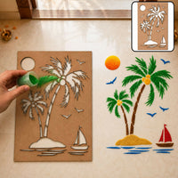 Rectangular Wooden Rangoli Stencil with Coconut Tree & Boat Design for Floor Decor