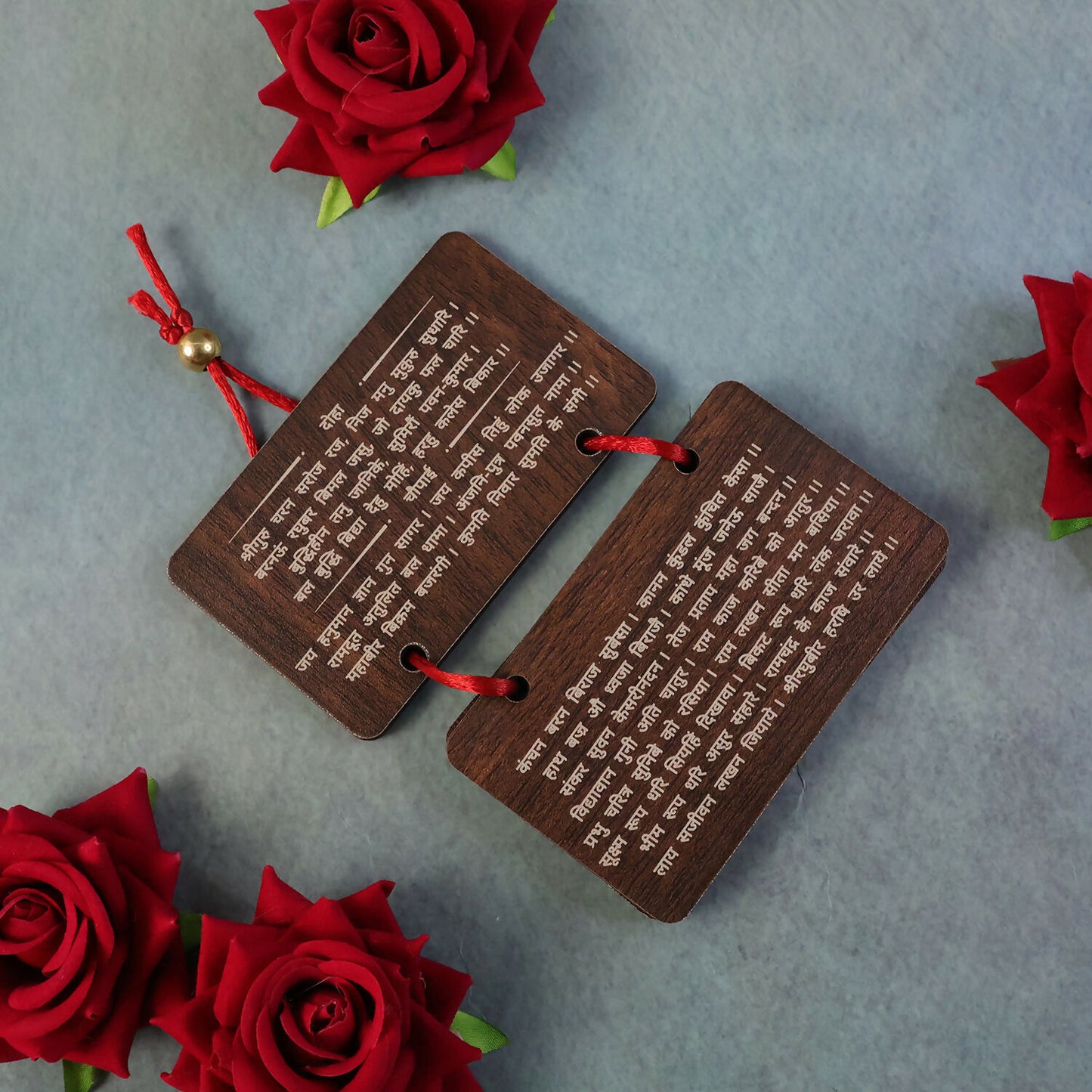 Wooden Hanuman Chalisa Prayer Book, Engraved Hindu Devotional Scripture for Home Temple