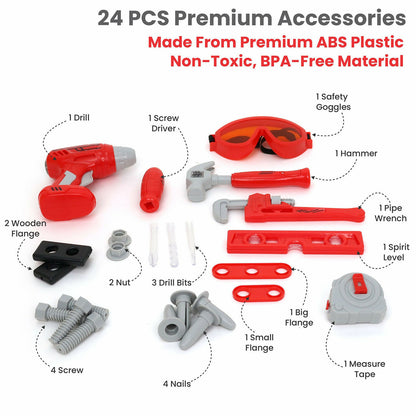 Close-up of colorful plastic tools included in Aditi tool trolley kit