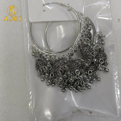 Handcrafted Oxidized Silver Hoop Jhumka Earrings with Intricate Filigree Detailing and Multiple Dangling Bell Drops