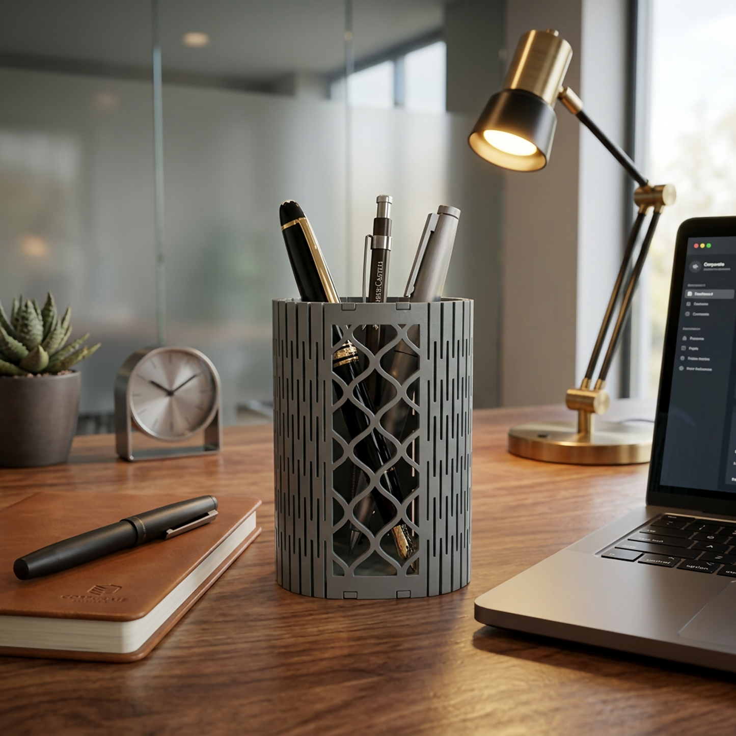 Geometric mesh pen holder filled with pens on a tidy desk.