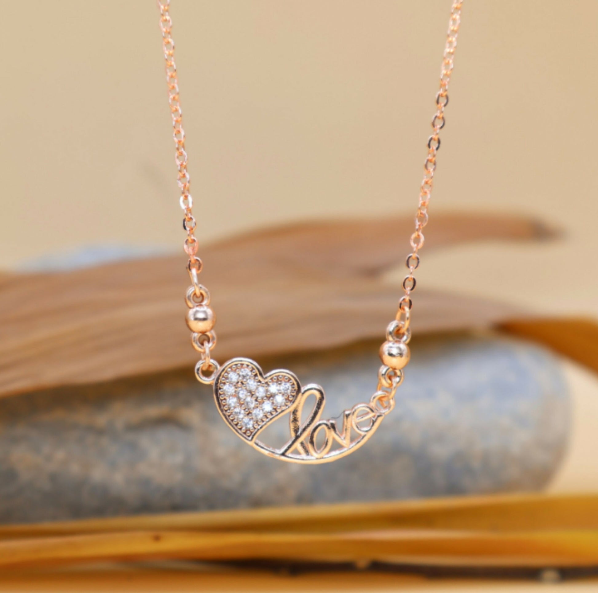 Rose Gold Plated Heart & Love AD Pendant Necklace For women and girls