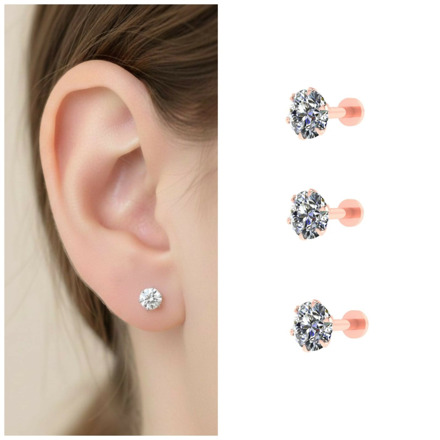 Rose plated solitaire flat-back stud earrings set of three for comfortable all-day wear