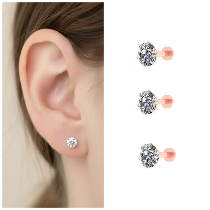 Rose plated solitaire flat-back stud earrings set of three for comfortable all-day wear